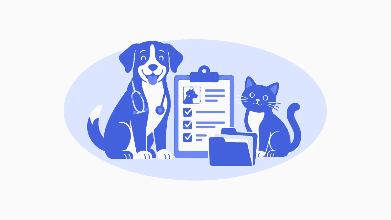 Ilustração veterinária em azul sobre auditoria de prontuário.