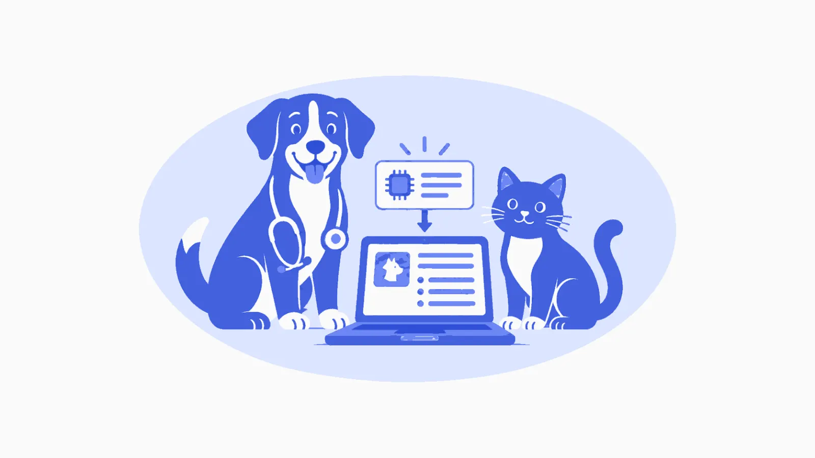 Ilustração veterinária em azul sobre ia no prontuário.
