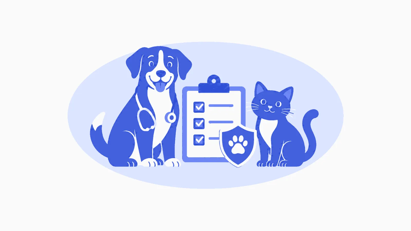 Ilustração veterinária em azul sobre governança em clínica veterinária.