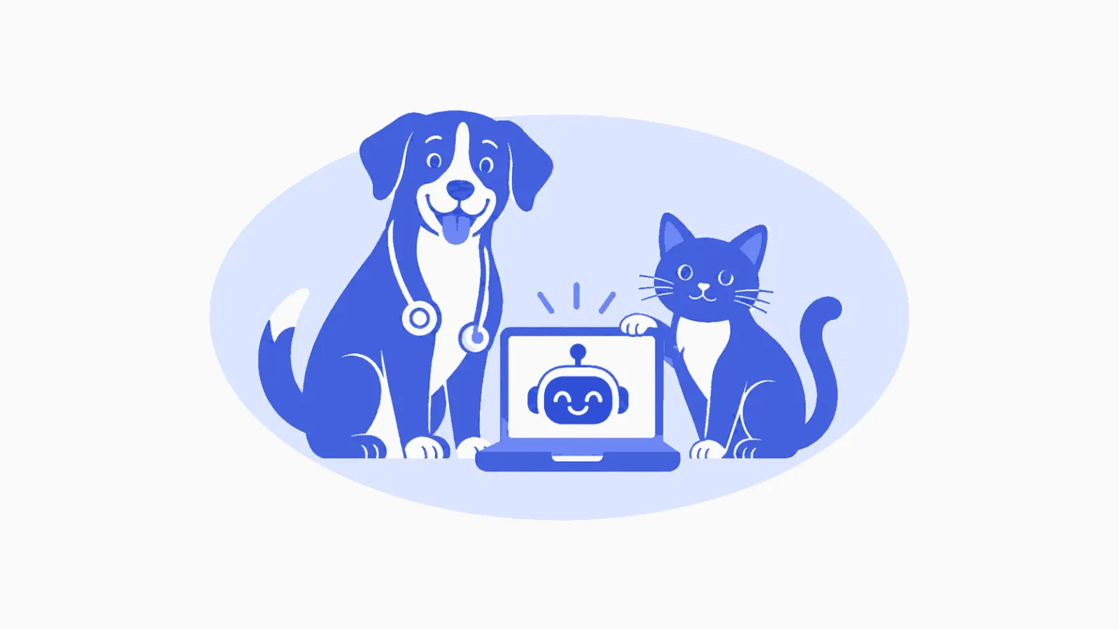 Ilustração veterinária em azul sobre o que um agente de ia faz na clínica e o que continua sendo seu.