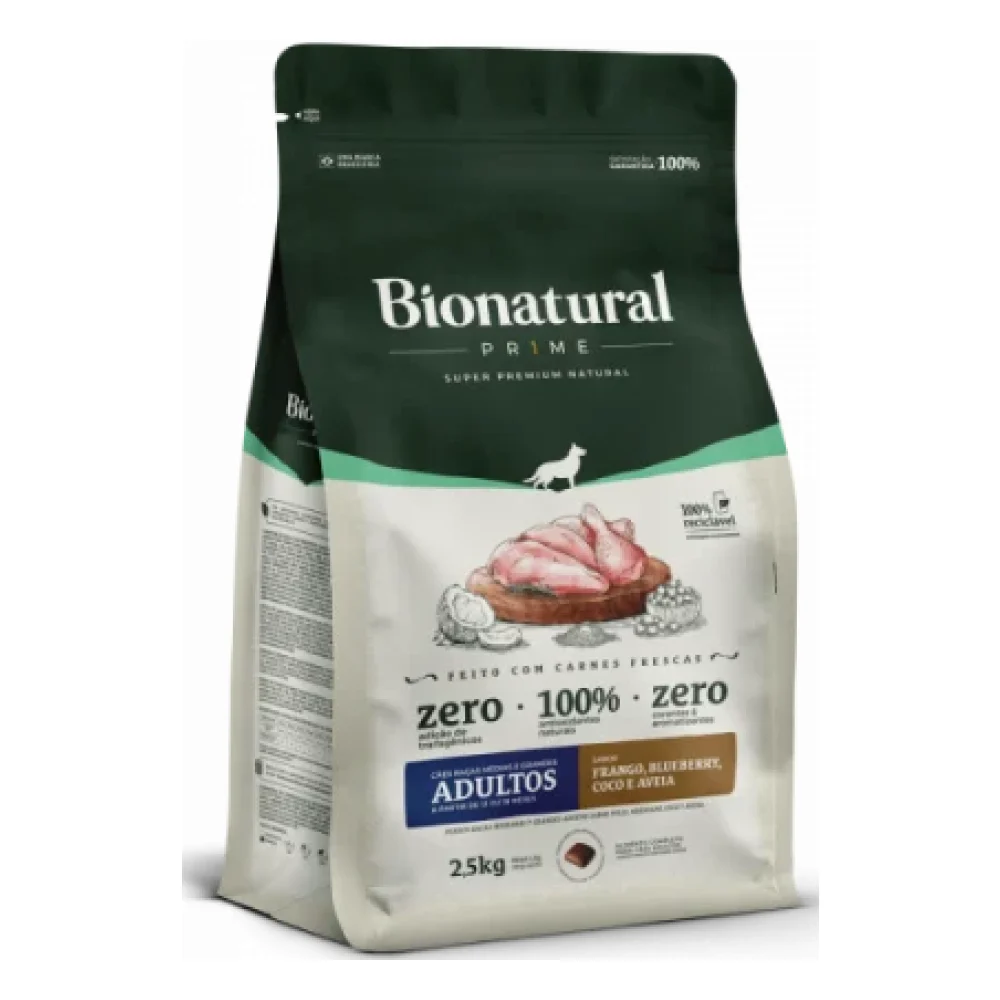 Bionatural Prime Cães Raças Médias e Grandes Adultos Sabor Frango, Blueberry, Coco e Aveia
