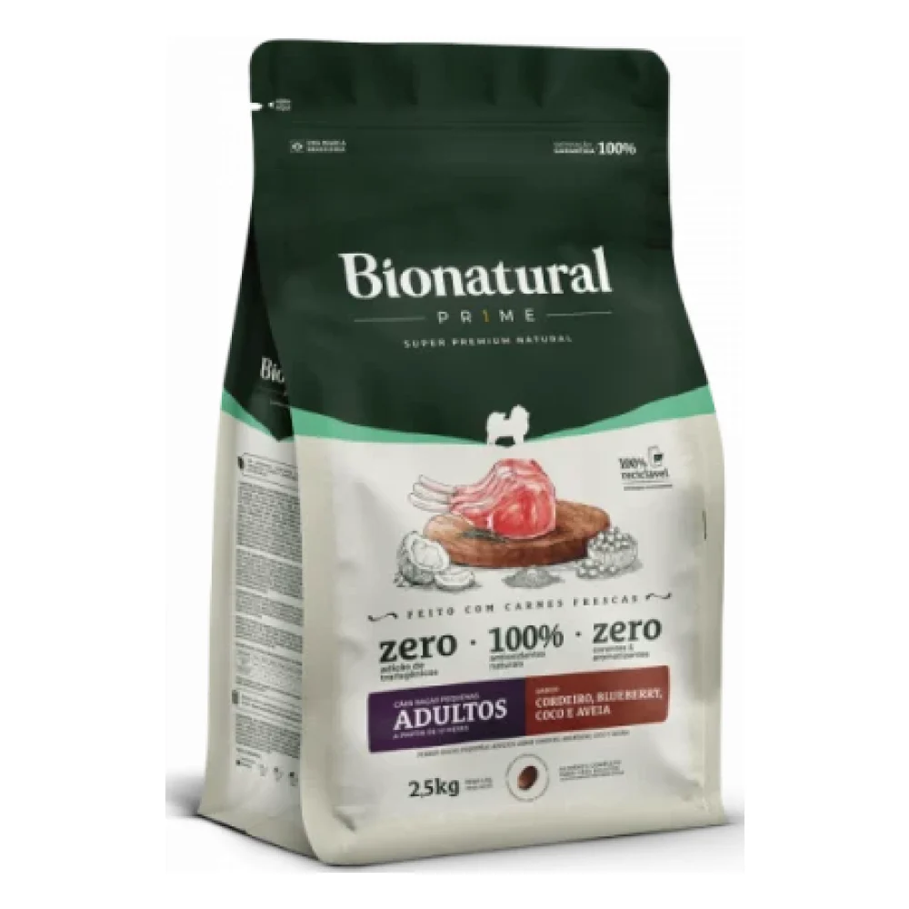 Bionatural Prime Cães Raças Pequenas Adultos Sabor Cordeiro, Blueberry, Coco e Aveia