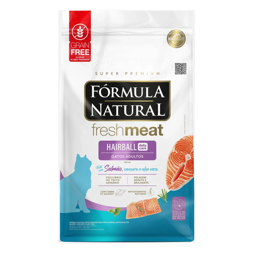 Fórmula Natural Fresh Meat Hairball Gatos Adultos Sabor Salmão, Cenoura e Aloe Vera