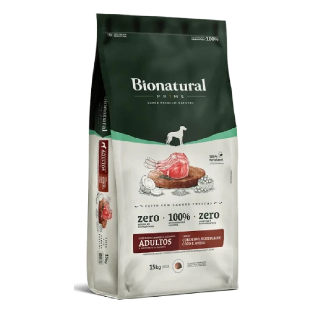 Bionatural Prime Cães Raças Grandes e Gigantes Adultos Sabor Cordeiro, Blueberry, Coco e Aveia