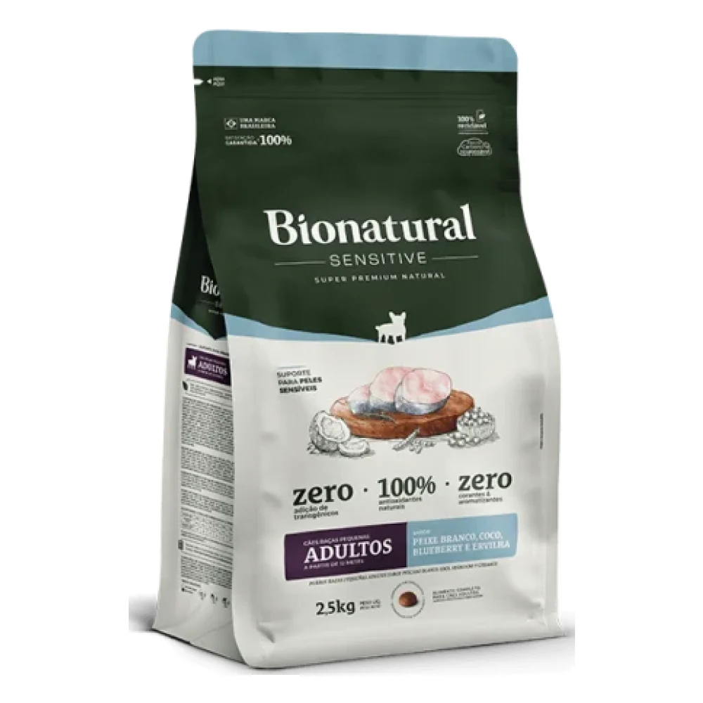 Bionatural Sensitive Cães Raças Pequenas Adultos Sabor Peixe Branco, Coco, Blueberry e Ervilha