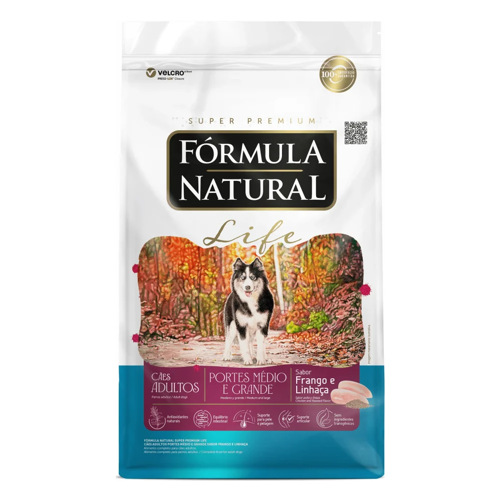 Fórmula Natural Life Cães Adultos Portes Médio e Grande Sabor Frango e Linhaça