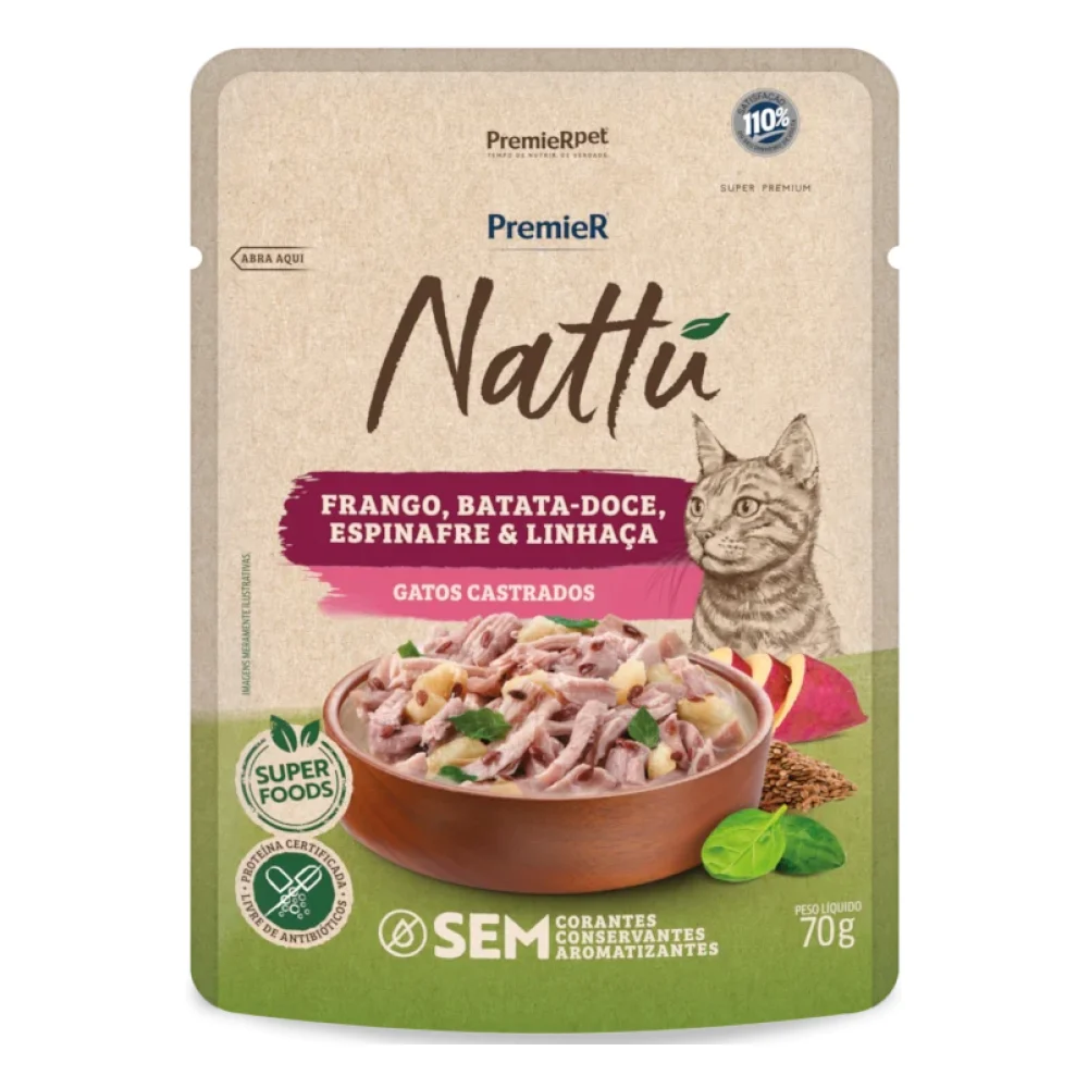 PremieR® Nattu Úmidos Gatos Castrados Frango, Batata-doce, Espinafre & Linhaça