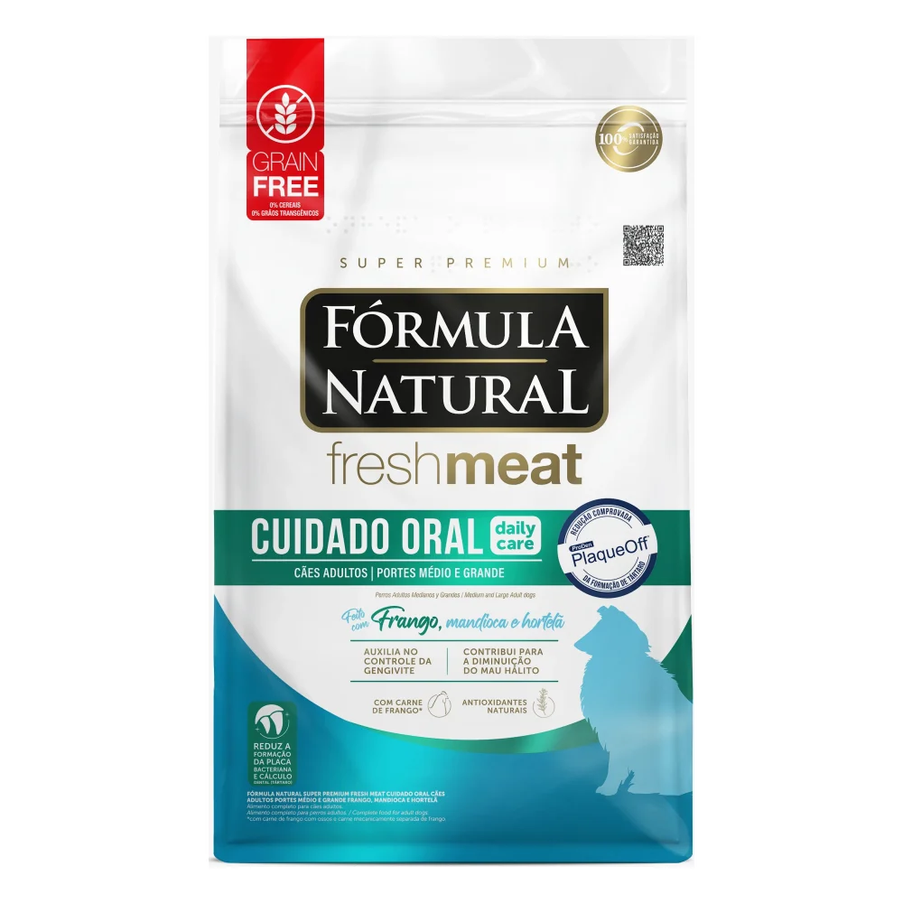 Fórmula Natural Fresh Meat Daily Care Cuidado Oral Cães Adultos Médio e Grande Frango, Mandioca e Hortelã
