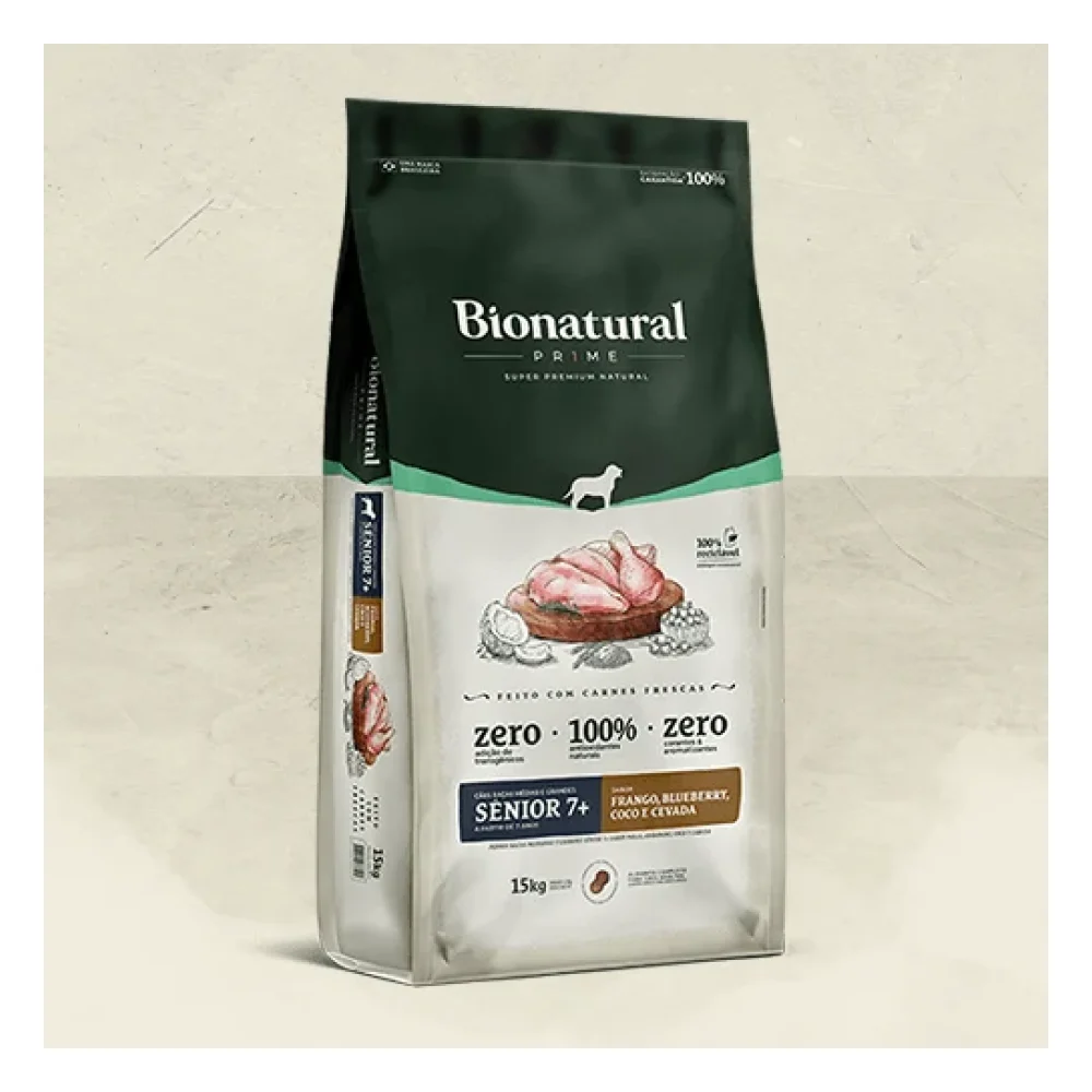 Bionatural Prime Cães Raças Médias e Grandes Sênior 7+ Sabor Frango, Blueberry, Coco e Cevada