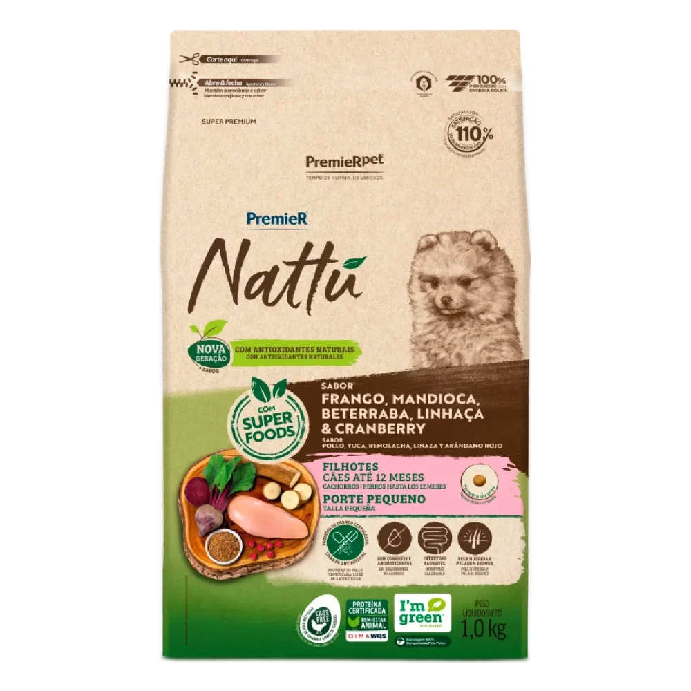 PremieR® Nattu Cães Filhotes Porte Pequeno Frango, Mandioca, Beterraba, Linhaça e Cranberry