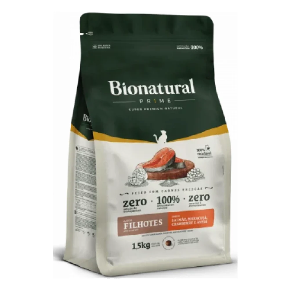 Bionatural Prime Gatos Filhotes sabor Salmão, Maracujá, Cranberry e Aveia