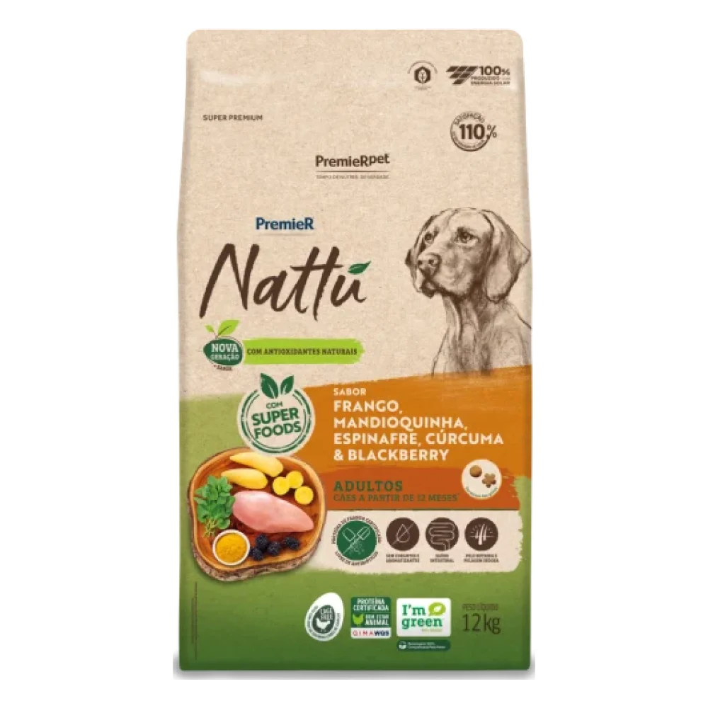 PremieR® Nattu Cães Adultos Frango, Mandioquinha, Espinafre, Cúrcuma & Blackberry