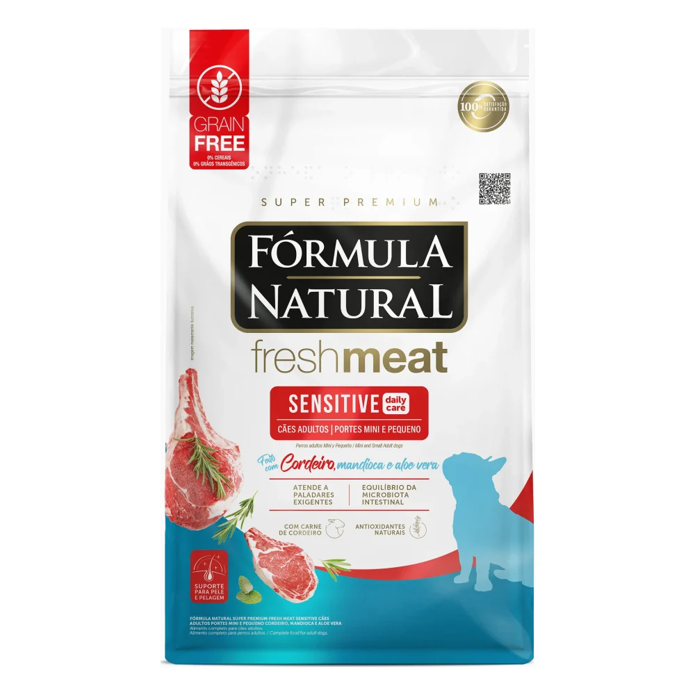 Fórmula Natural Fresh Meat Sensitive Cães Adultos Porte Mini e Pequeno Sabor Cordeiro, Mandioca e Aloe Vera