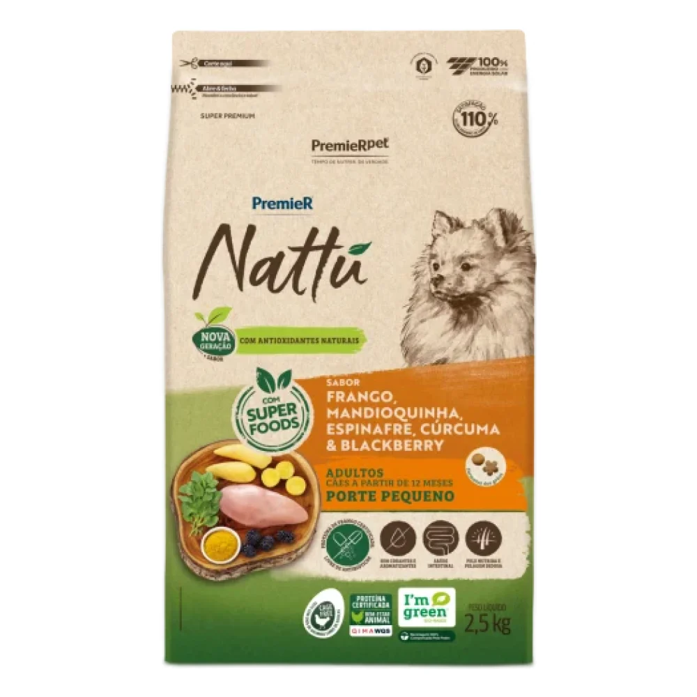 PremieR® Nattu Cães Adultos Porte Pequeno Frango Mandioquinha, Espinafre, Cúrcuma & Blackberry