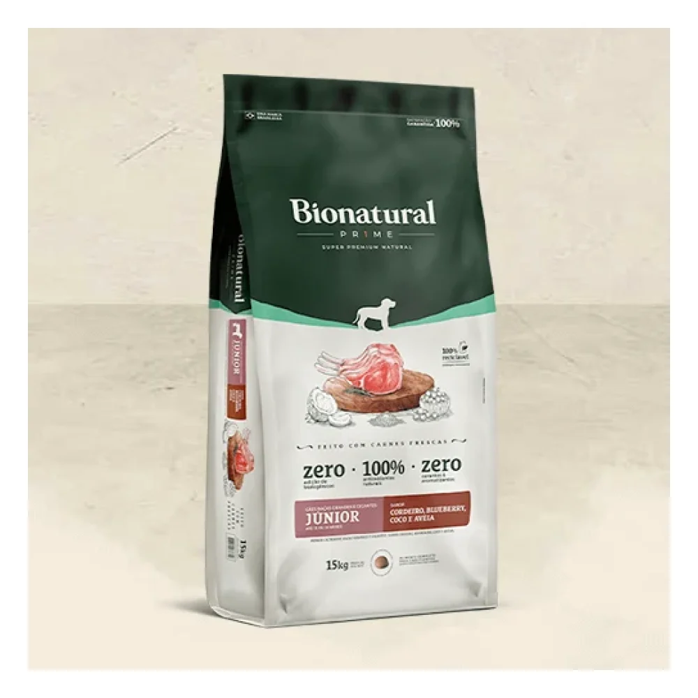 Bionatural Prime Cães Raças Grandes e Gigantes Júnior Sabor Cordeiro, Blueberry, Coco e Aveia