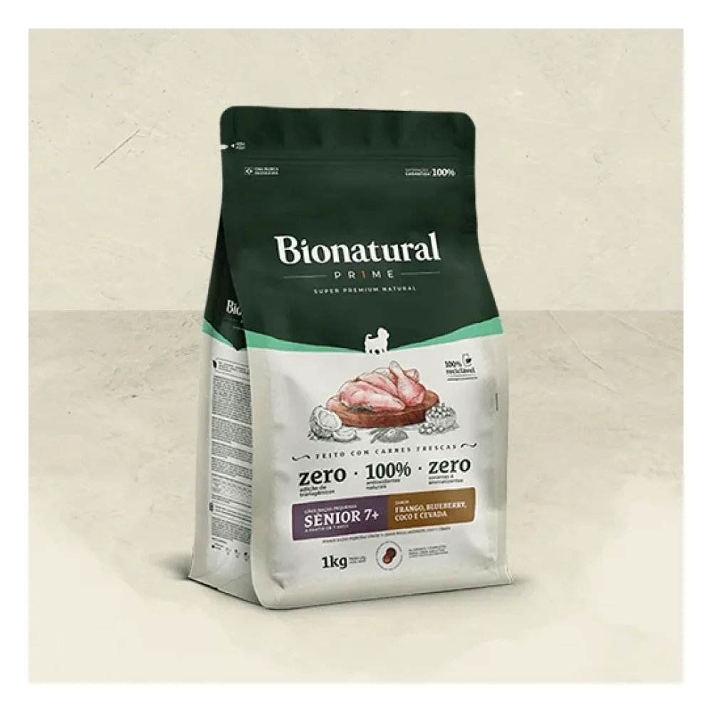 Bionatural Prime Cães Raças Pequenas Sênior 7+ Sabor Frango, Blueberry, Coco e Cevada