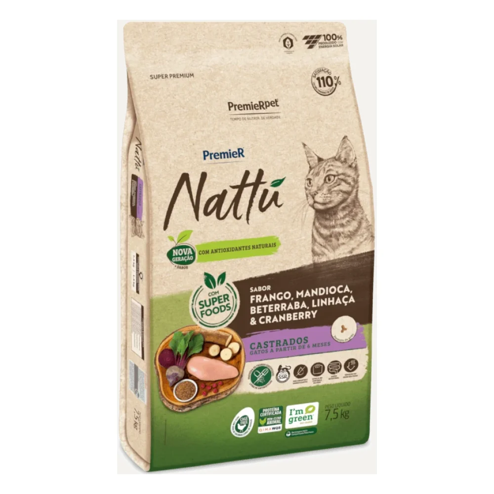 PremieR® Nattu Gatos Castrados Frango, Mandioca, Beterraba, Linhaça & Cranberry