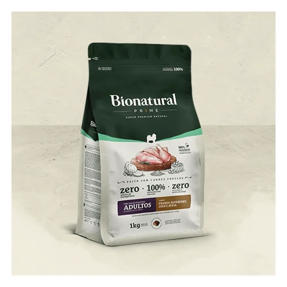 Bionatural Prime Cães Raças Pequenas Adultos Sabor Frango, Blueberry, Coco e Aveia