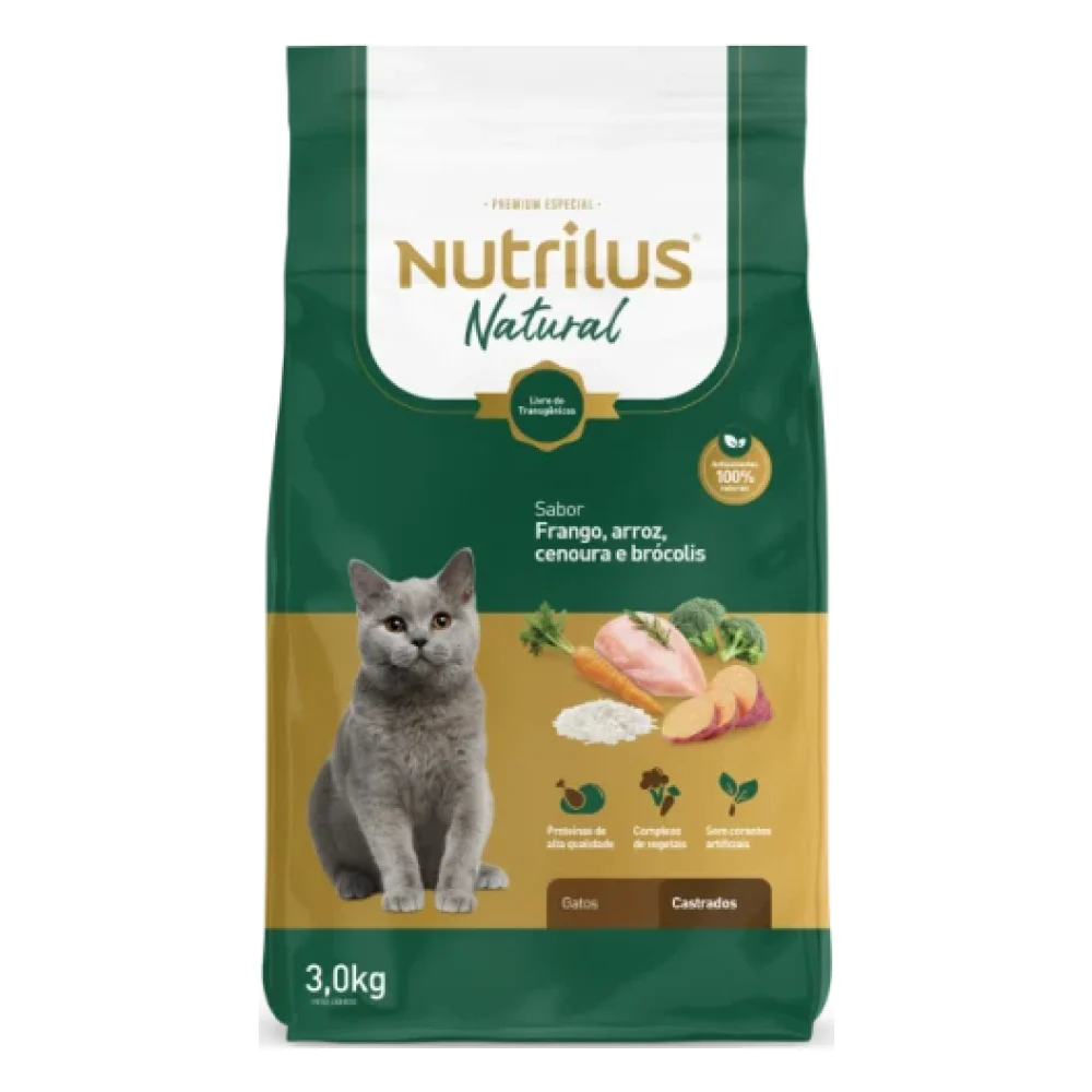Ração Seca Nutrilus Natural Sabor Frango e Arroz para Gatos Adultos Castrados