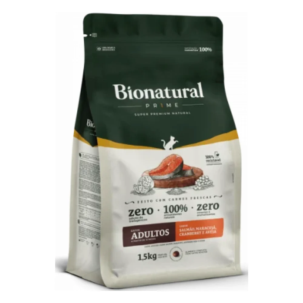 Bionatural Prime Gatos Adultos Sabor Salmão, Maracujá, Cranberry e Aveia