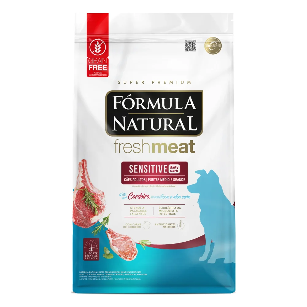 Fórmula Natural Fresh Meat Sensitive Cães Adultos Portes Médio e Grande Sabor Cordeiro, Mandioca e Aloe Vera