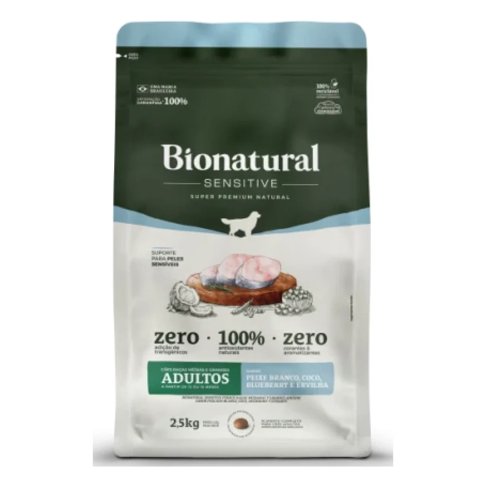Bionatural Sensitive Cães Raças Médias e Grandes Adultos sabor Peixe Branco, Coco, Blueberry e Ervilha