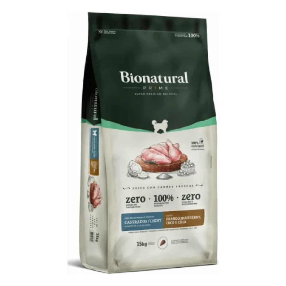Bionatural Prime Cães Raças Médias e Grandes Castrados ou Light Sabor Frango, Blueberry, Coco e Chia