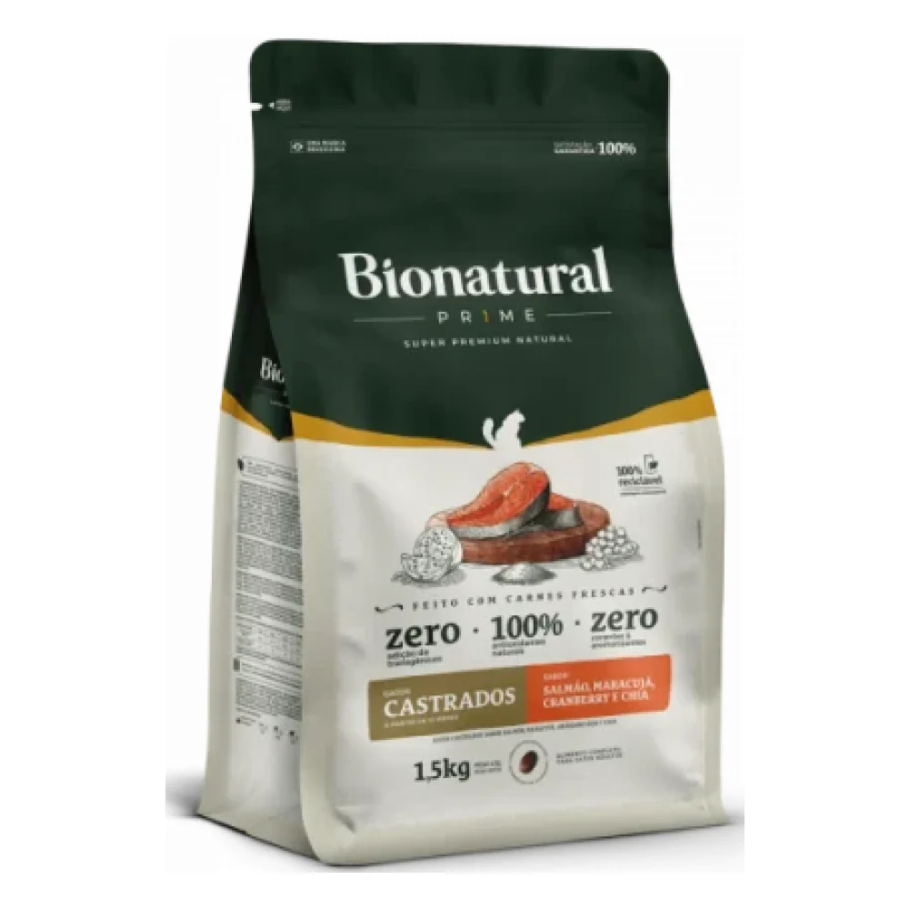 Bionatural Prime Gatos Castrados Sabor Salmão, Maracujá, Cranberry e Chia
